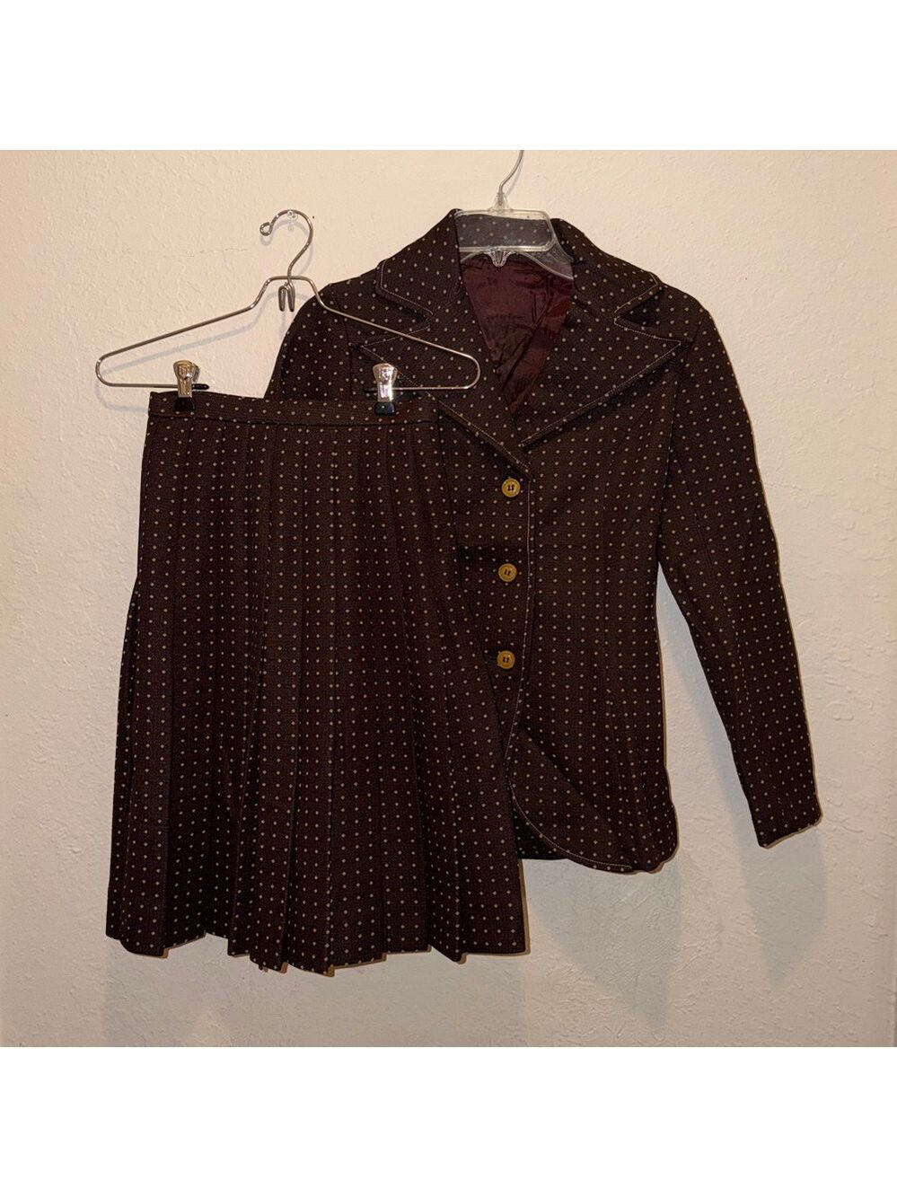 Vintage Union made 60’s jacket and skirt set Polka Dot Tweed skirt Blazer 70s